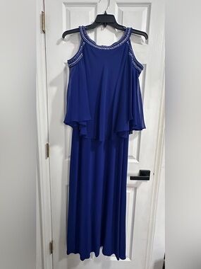 Elegant Alex Evenings Royal Blue Beaded Cold-Shoulder Evening Dress